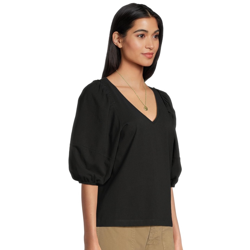 Madewell Black V-Neck Puff Sleeve Short Sleeve Top